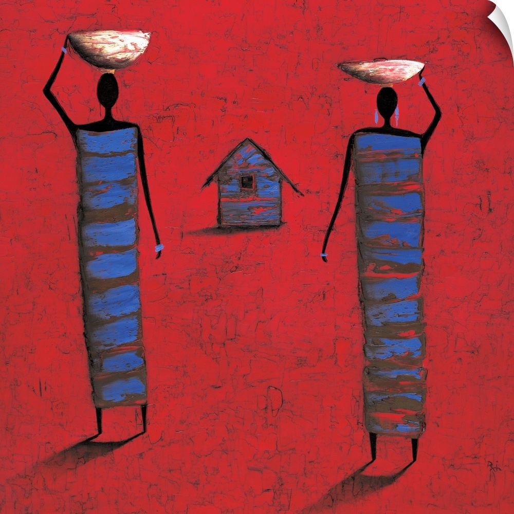 Contemporary painting of two tribal figures carrying food, against a red background.