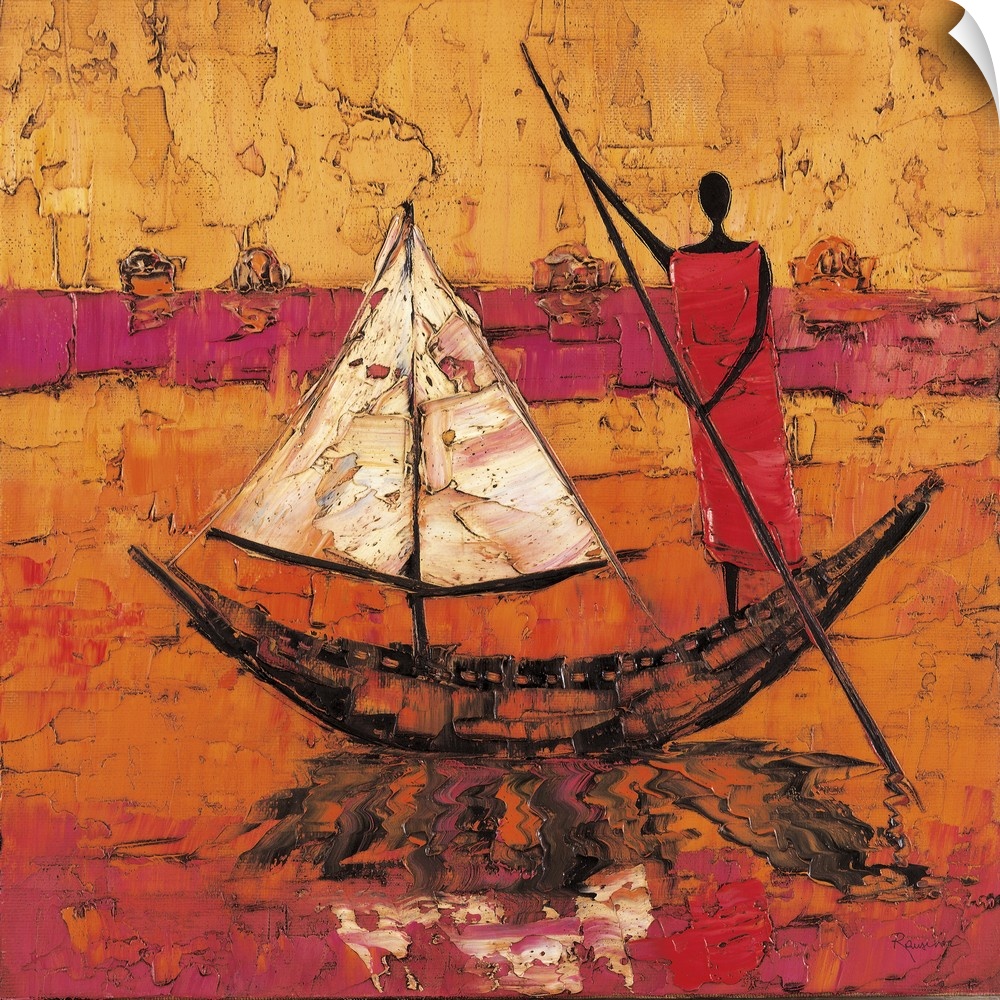 Contemporary painting of a tribal figure standing on a boat casting a reflection in the water.