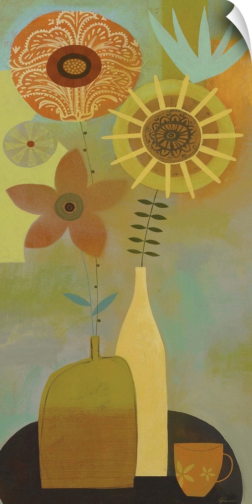 Contemporary painting with a retro feel of flowers in vases.