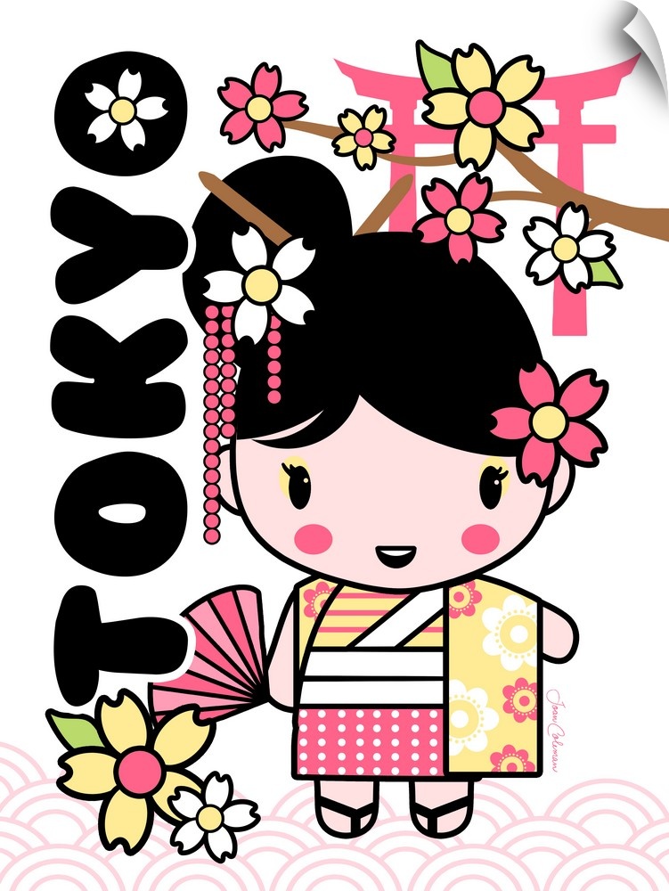Cute eastern art style girl wearing kimono and holding fan.