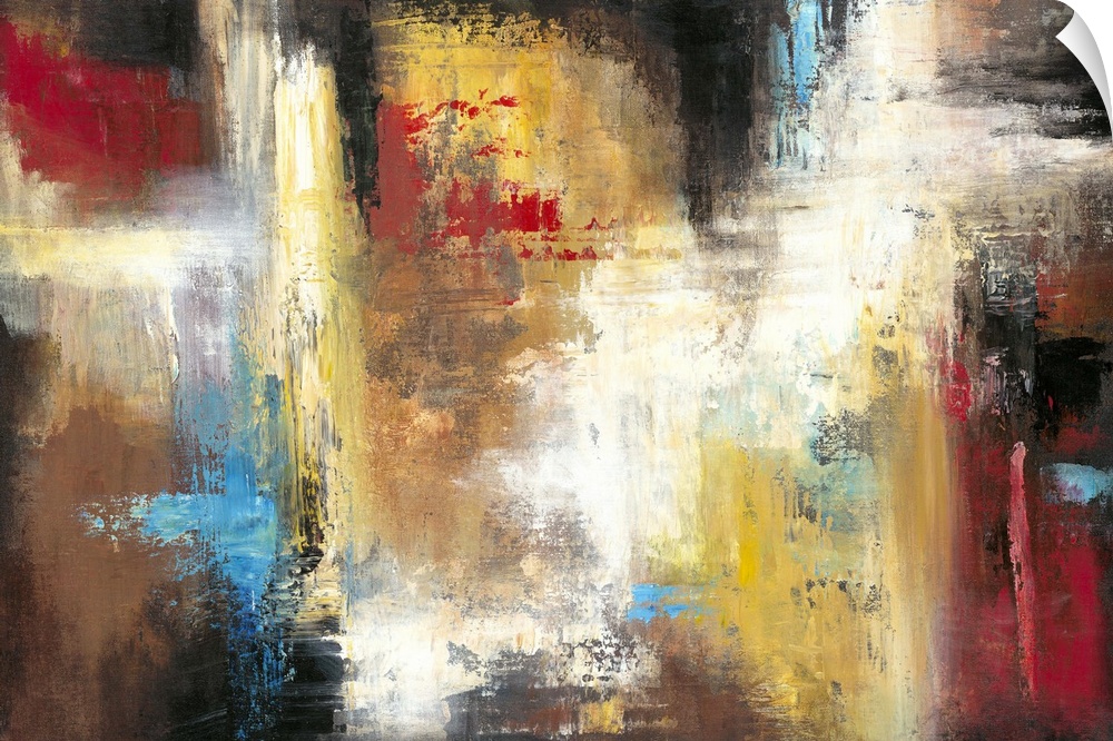 Contemporary abstract painting using a variety of colors in smearing and striking motions.
