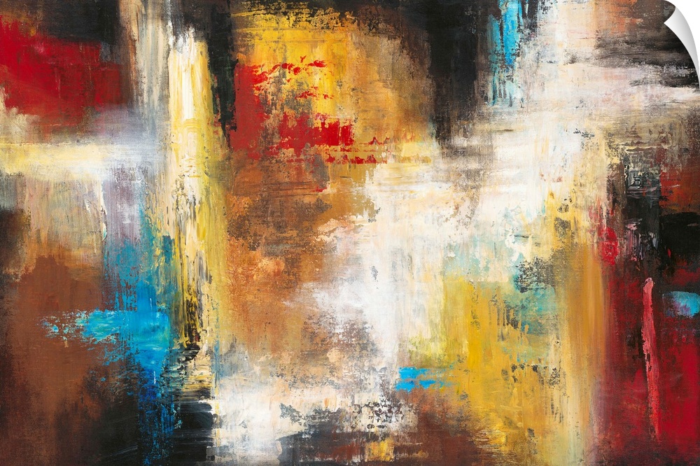Contemporary abstract painting using a variety of colors in smearing and striking motions.