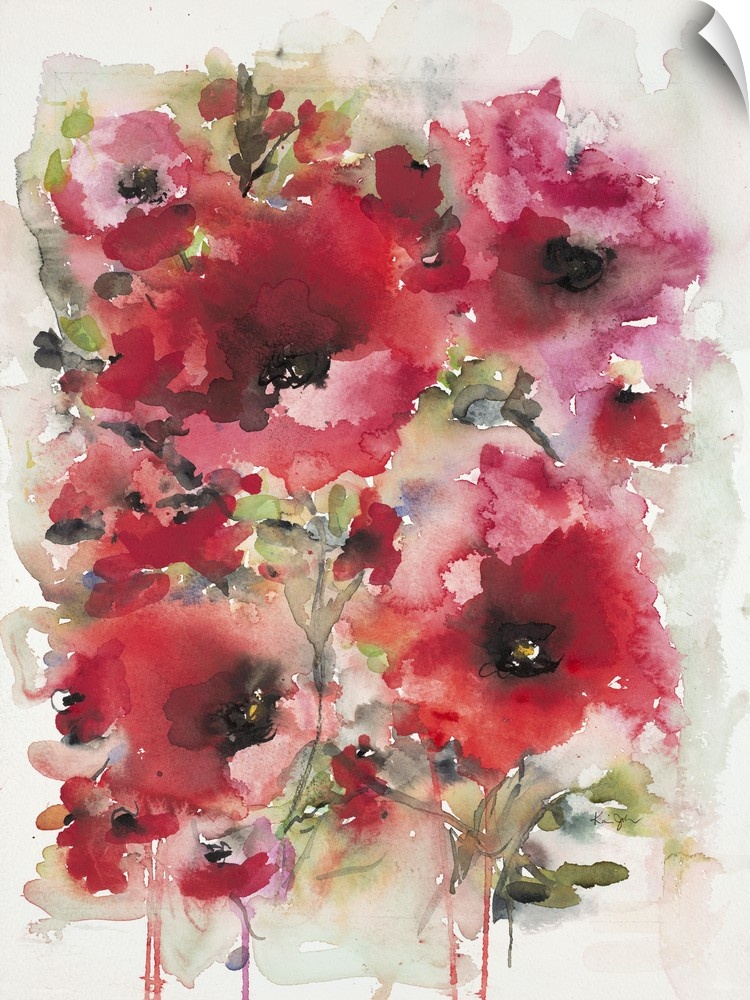 Contemporary artwork of watercolor painted red poppies.