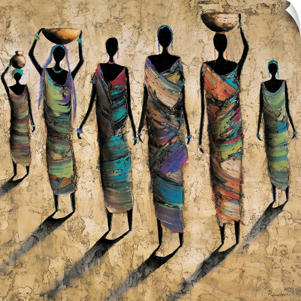 Contemporary painting of female tribal figures in colorful clothing casting shadows on the ground.