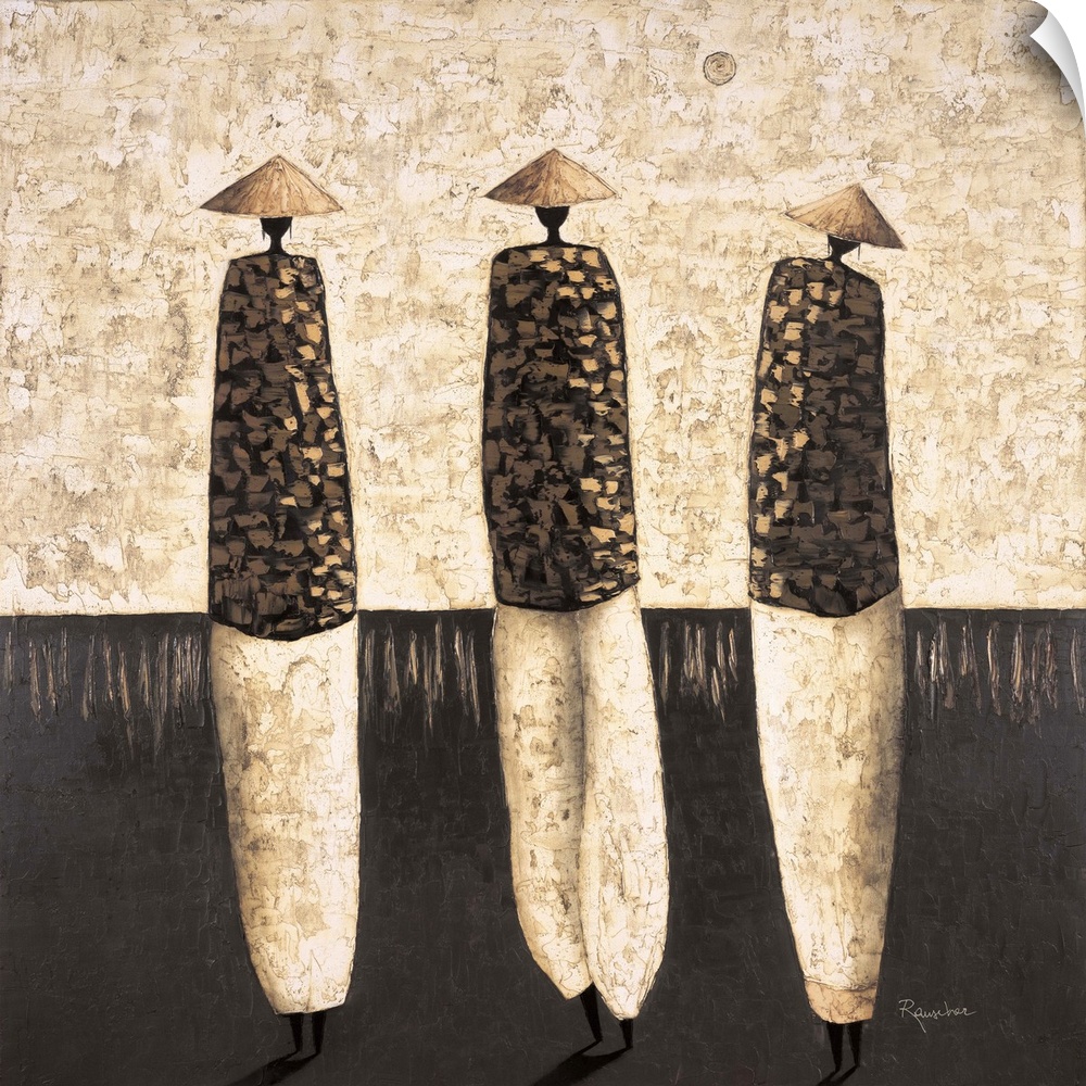 Painting of three figures wearing conical hats and patterned clothing standing against a dark background.