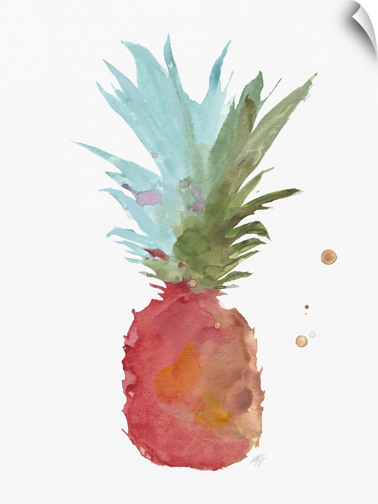Watercolor painting of a tropical pineapple on white.