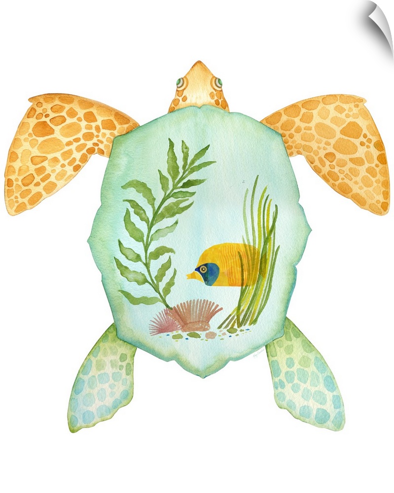 Watercolor artwork of a sea turtle with a seaweed and fish design on its shell.