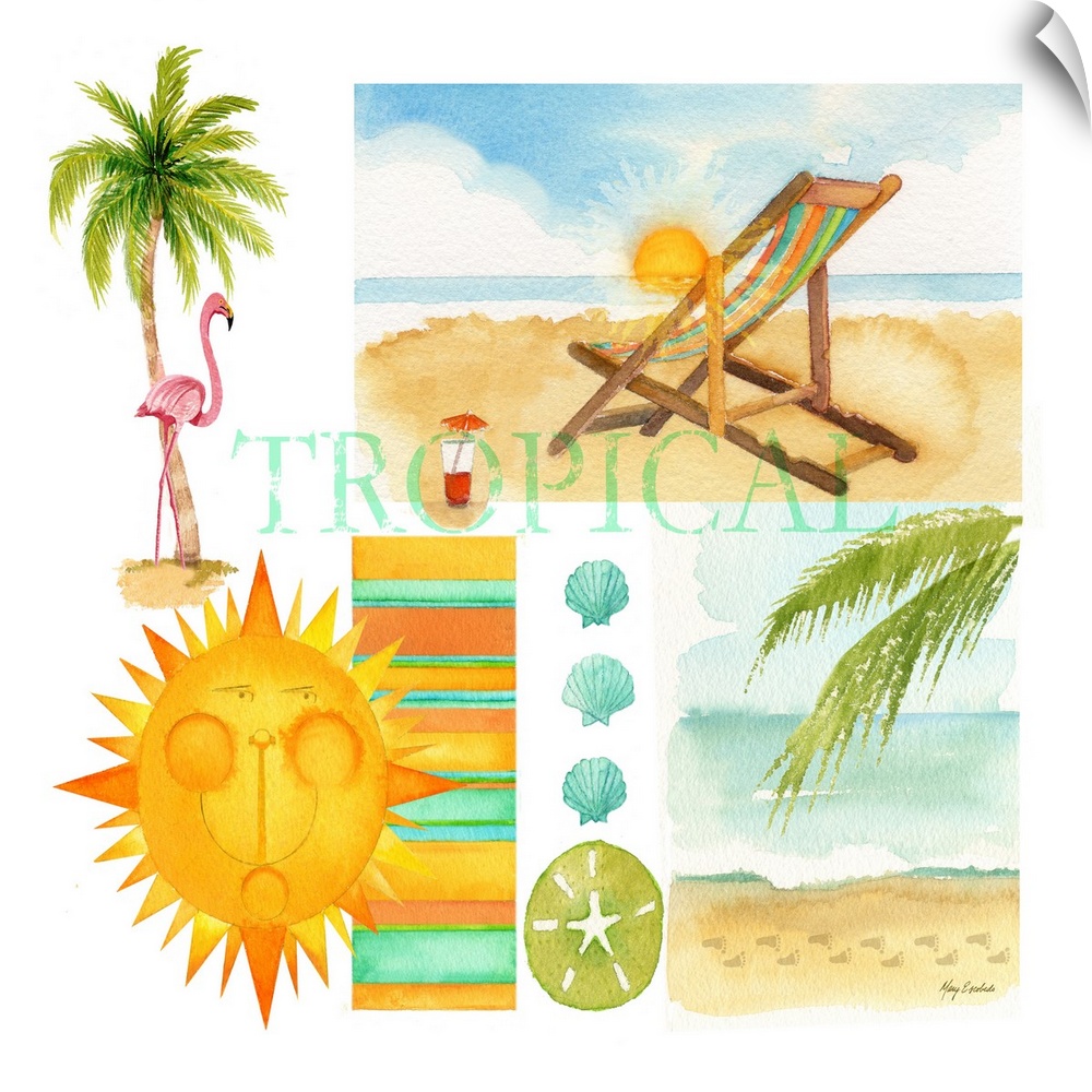 Watercolor painting with a collage of tropical beach necessities.