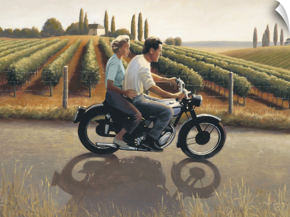 Contemporary painting of a man and woman on a motorcycle riding through Tuscany.