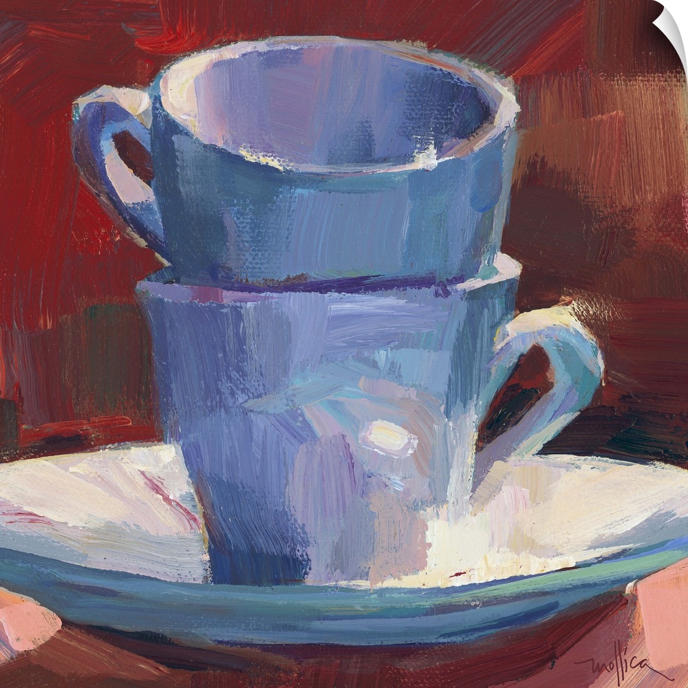 Contemporary painting of teacups stacked on a teacup saucer against a red background.