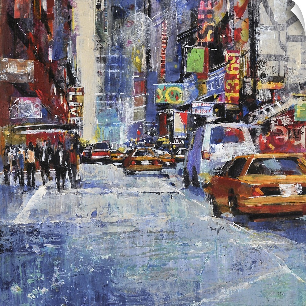 Contemporary painting of a city street lined with cars.