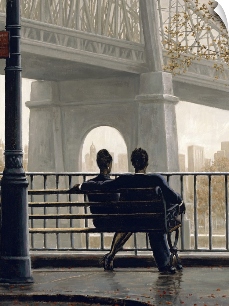 Contemporary figurative painting of a man and woman sitting on a bench near the Brooklyn Bridge.