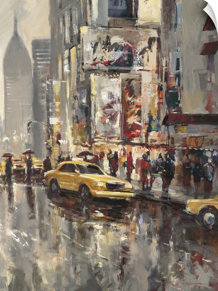 Painting of city streets with people and taxi's casting reflections on a wet road, with tall buildings in the background.