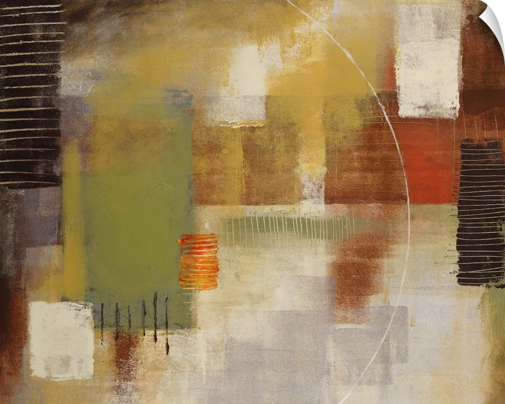Contemporary abstract painting using warm and cool tones in geometric patterns.