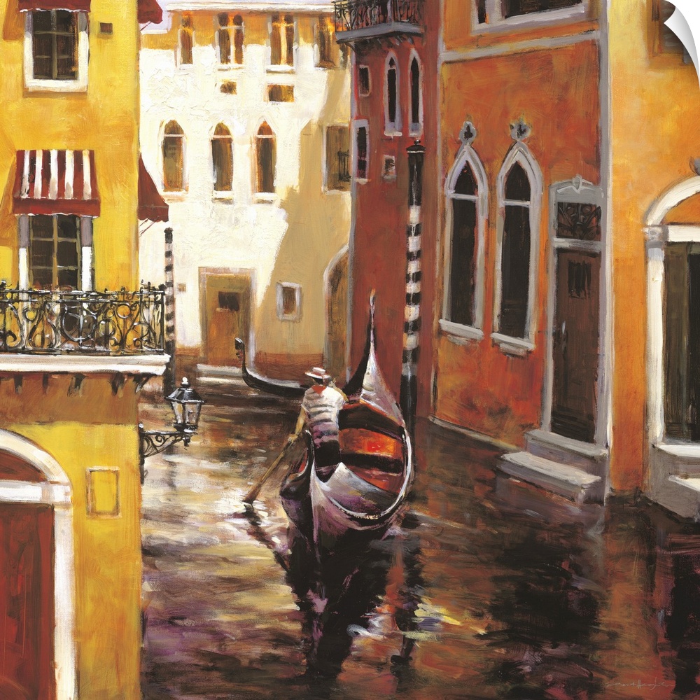 Contemporary painting of a gondolier moving gently through the narrow canals of Venice.