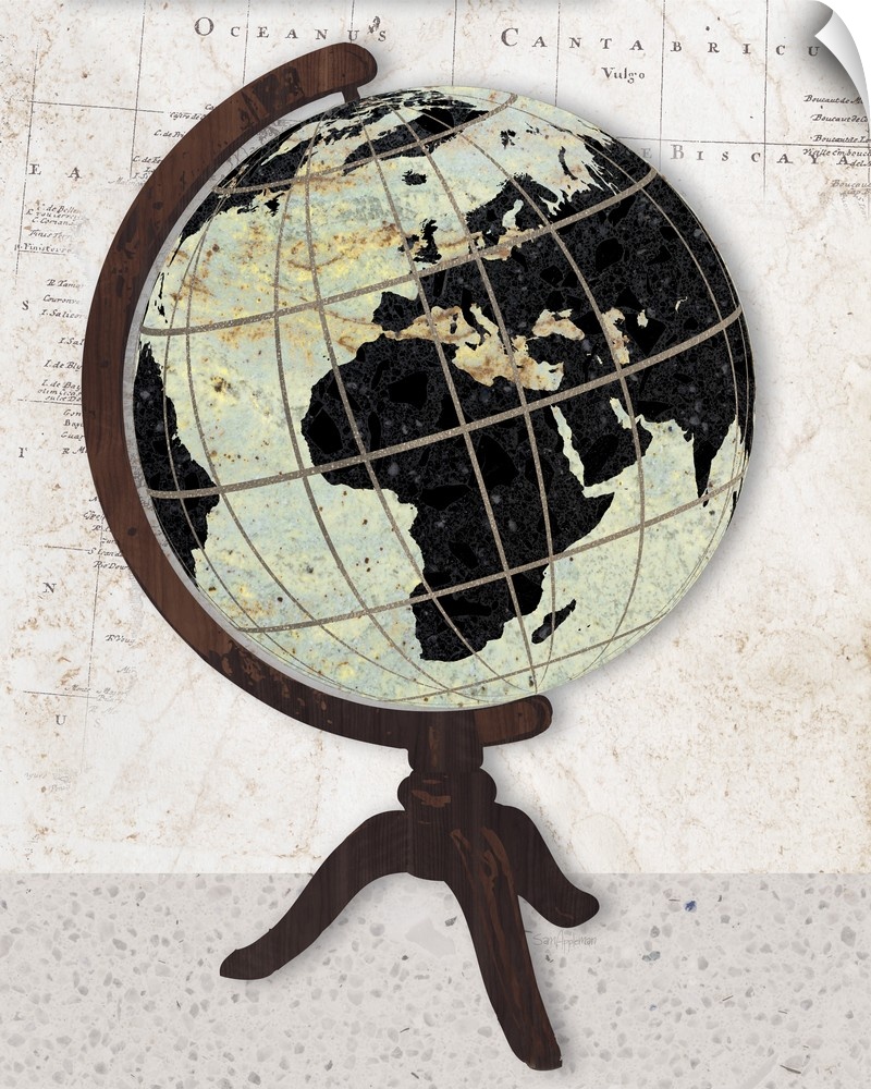 Artwork of an antique old world globe, against a map print background.
