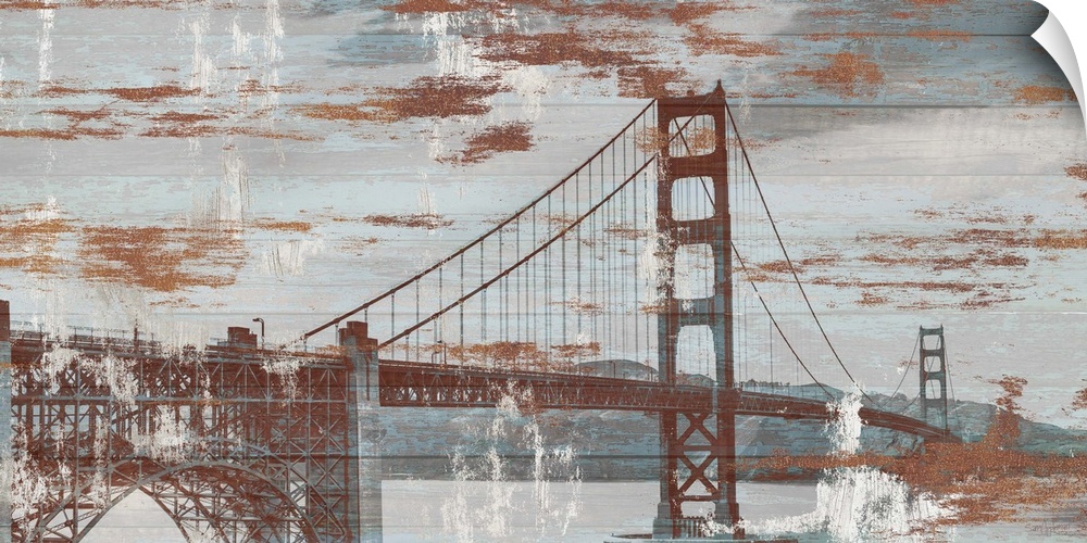 Illlustration of the Golden Gate Bridge in San Francisco with a weathered texture.