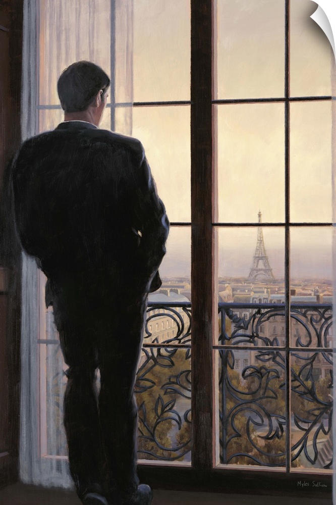 Contemporary painting of a man looking out a window onto the city of Paris.