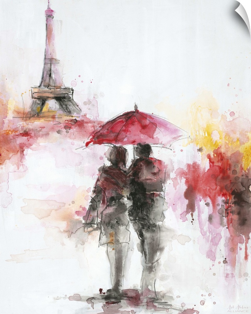 Contemporary artwork of a couple in a loving embrace walking together.