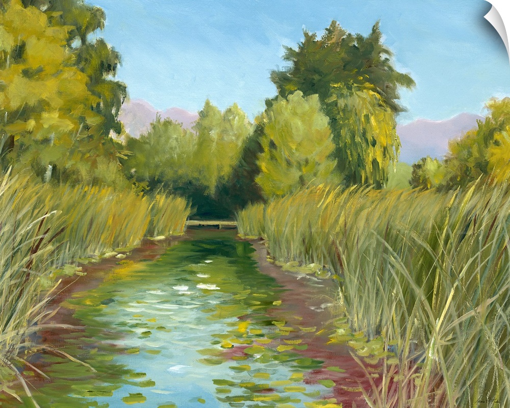 Contemporary artwork of a marsh landscape with tall reeds and lily pads.