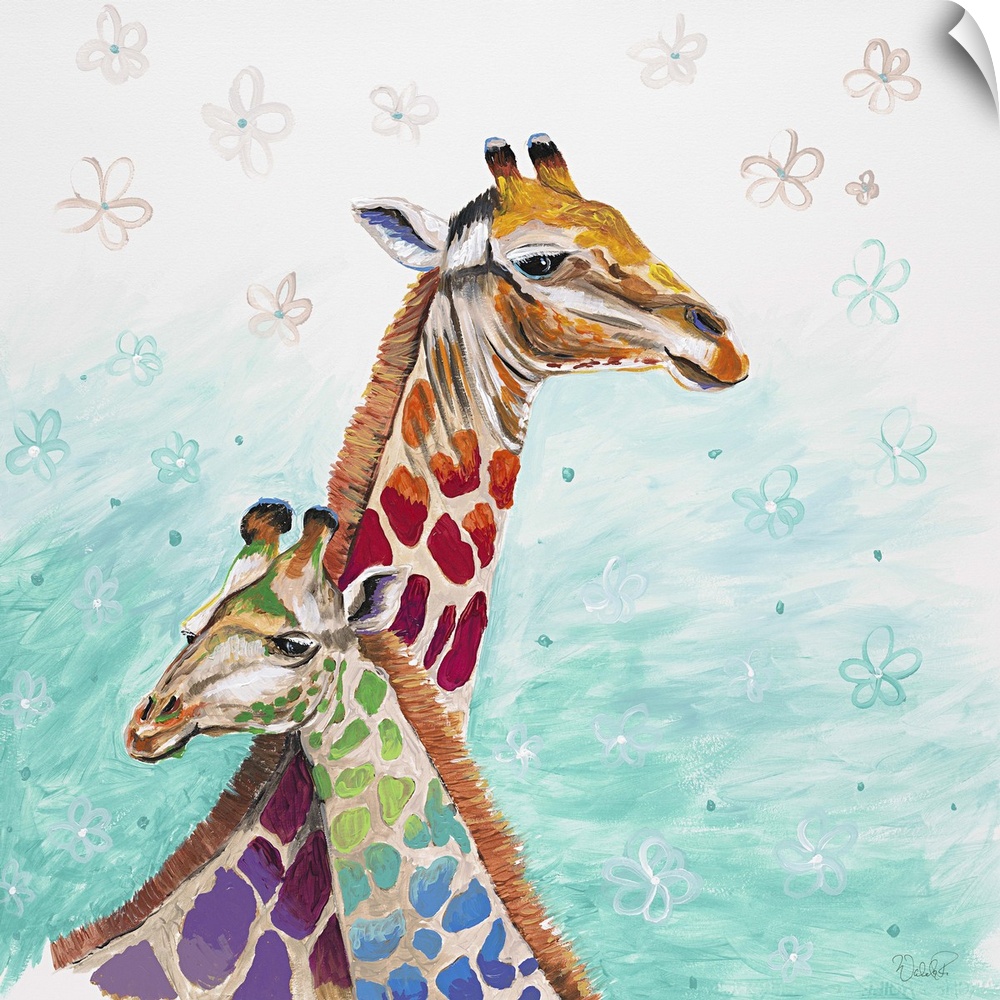 Contemporary painting of two giraffes with rainbow spots.