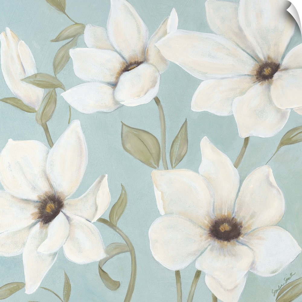 Square panel painting of a group of white flowers with thin stems on a pale background.