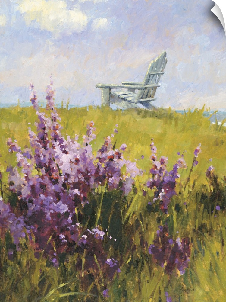 Contemporary painting of a green field with purple wildflowers, with a white lounge chair in the distance.