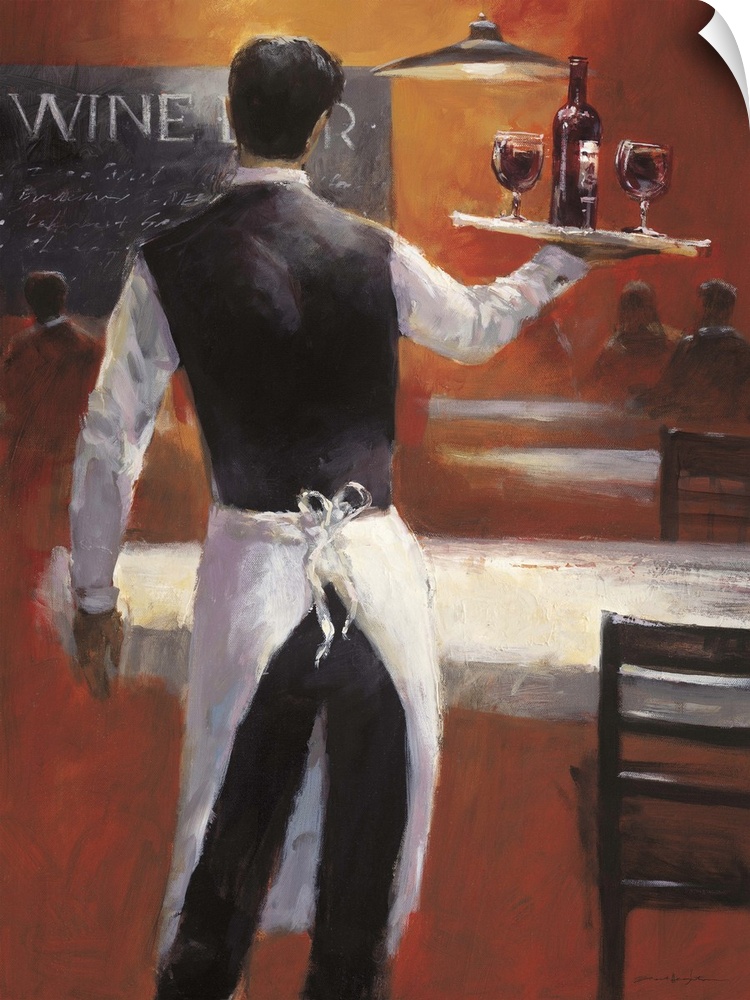 Contemporary painting of a waiter holding a serving tray wine.