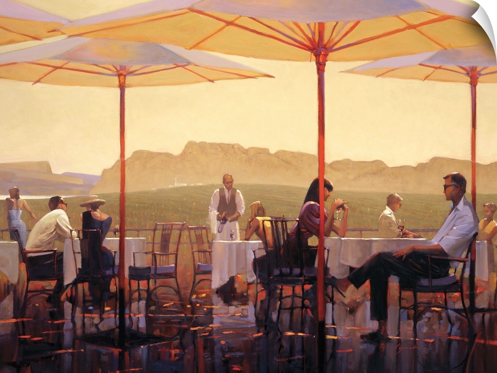 Contemporary painting of people sitting at table on terrace overlooking vineyards.