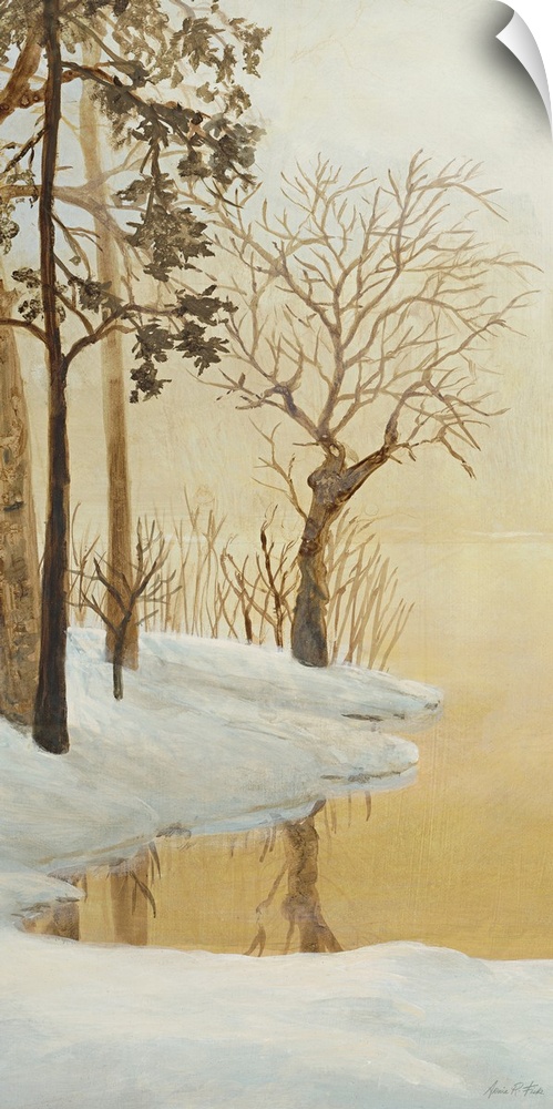 Contemporary painting of a forest clearing seen through fog in winter.
