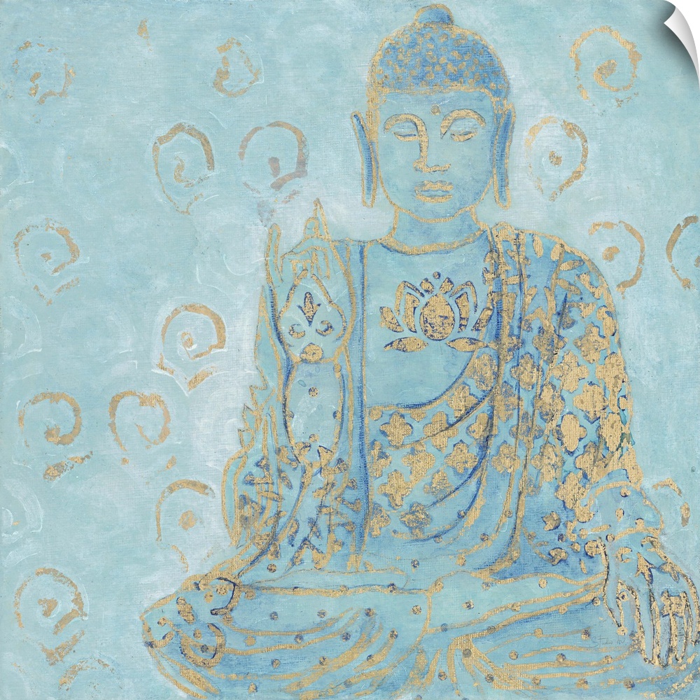 Illustration of a Buddha statue in blue with golden designs.