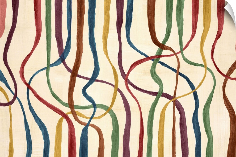 Contemporary abstract home decor artwork of multi-colored lines against a cream background.