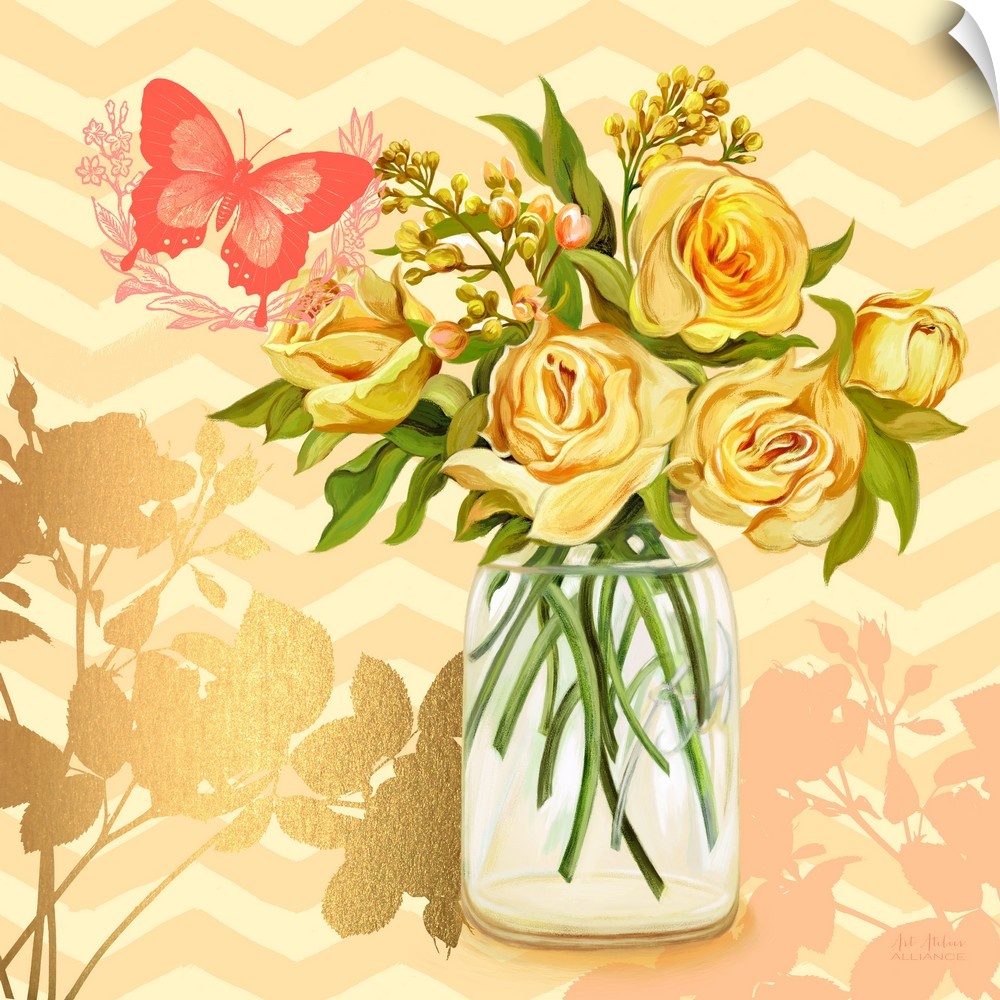 Contemporary home decor artwork of a vibrant yellow flowers in a mason jar against a light yellow patterned background.