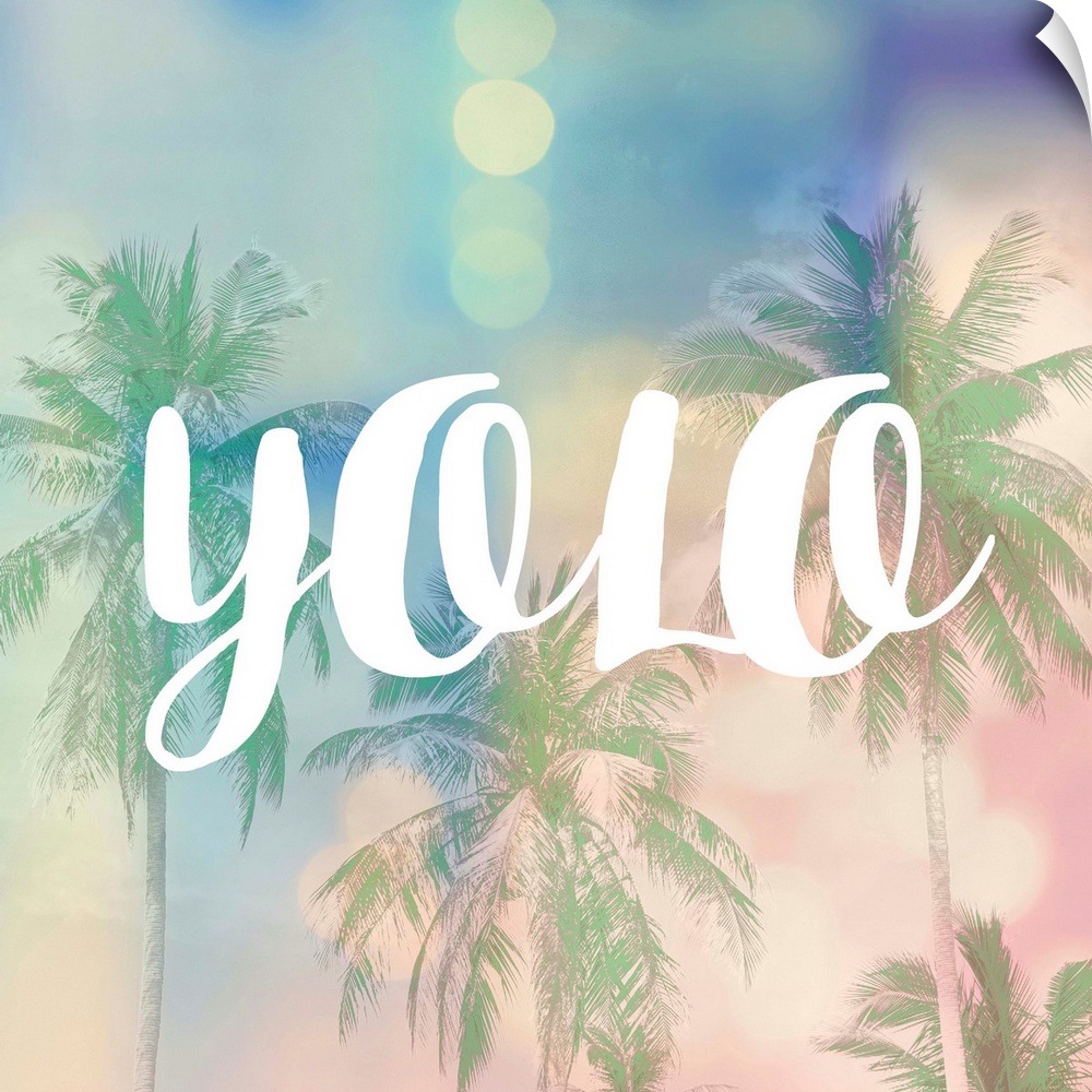 The text "YOLO" in white over a pastel image of palm trees and bokeh lights.