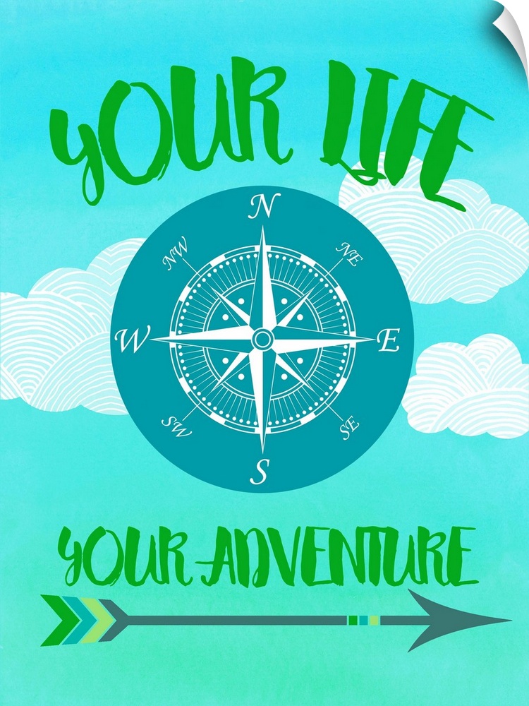 "Your Life Your Adventure" written in green on a cloudy background with a compass rose in the center.