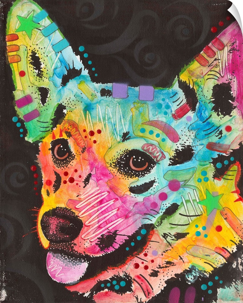 Colorful painting of a Corgi with graffiti-like designs on a black background with faint white swirls.