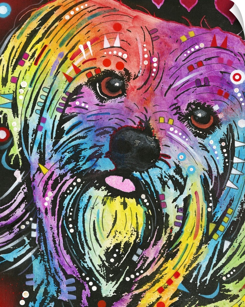Colorful painting of a Maltese with geometric graffiti-like designs all over.