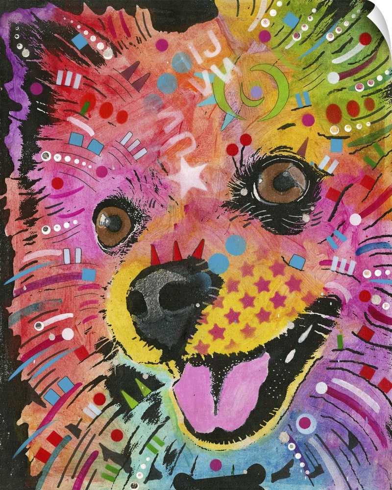 Contemporary painting of a colorful Spitz with geometric abstract designs all over.