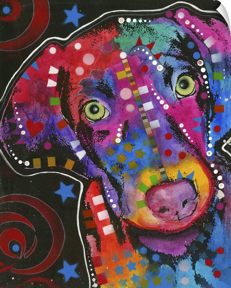 Contemporary painting of a colorful Labrador with geometric abstract designs all over.