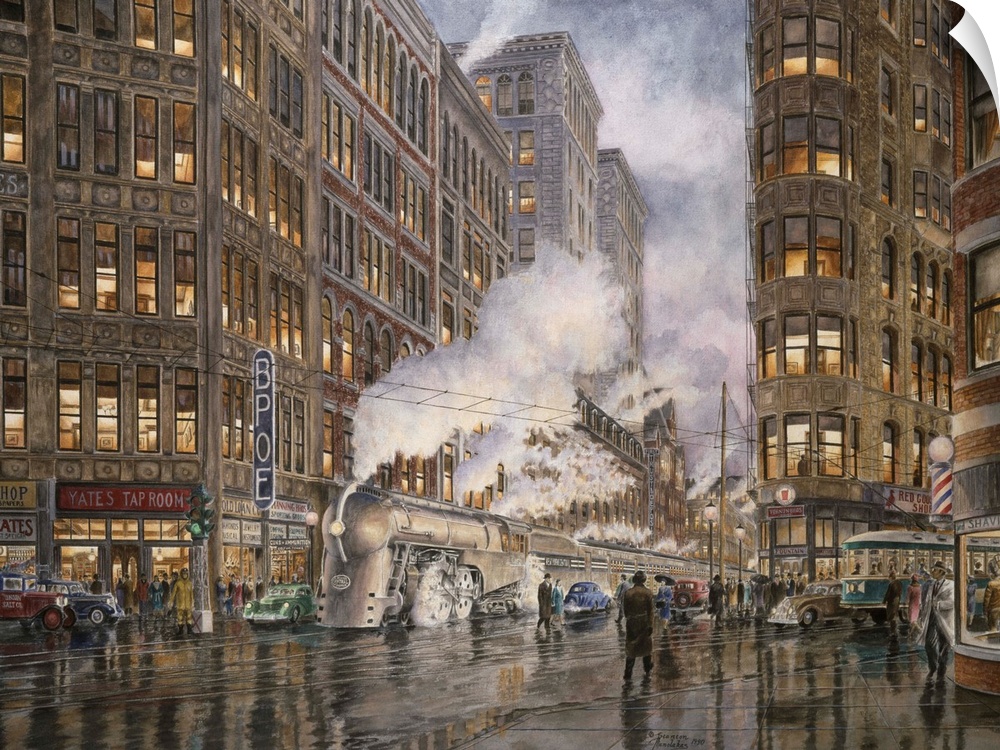 Contemporary painting of a city scene at dusk, with a train stopped and smoke billowing from it's stack.