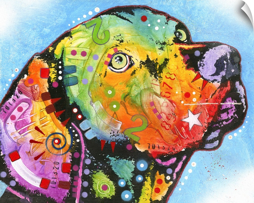 Contemporary painting of a colorful Labrador with geometric abstract designs all over.