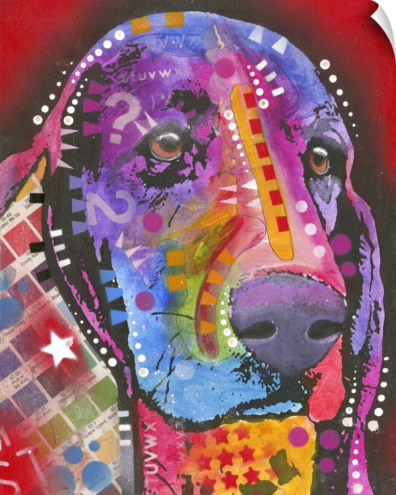 Contemporary painting of a colorful Hound dog with geometric abstract designs all over on a red background.