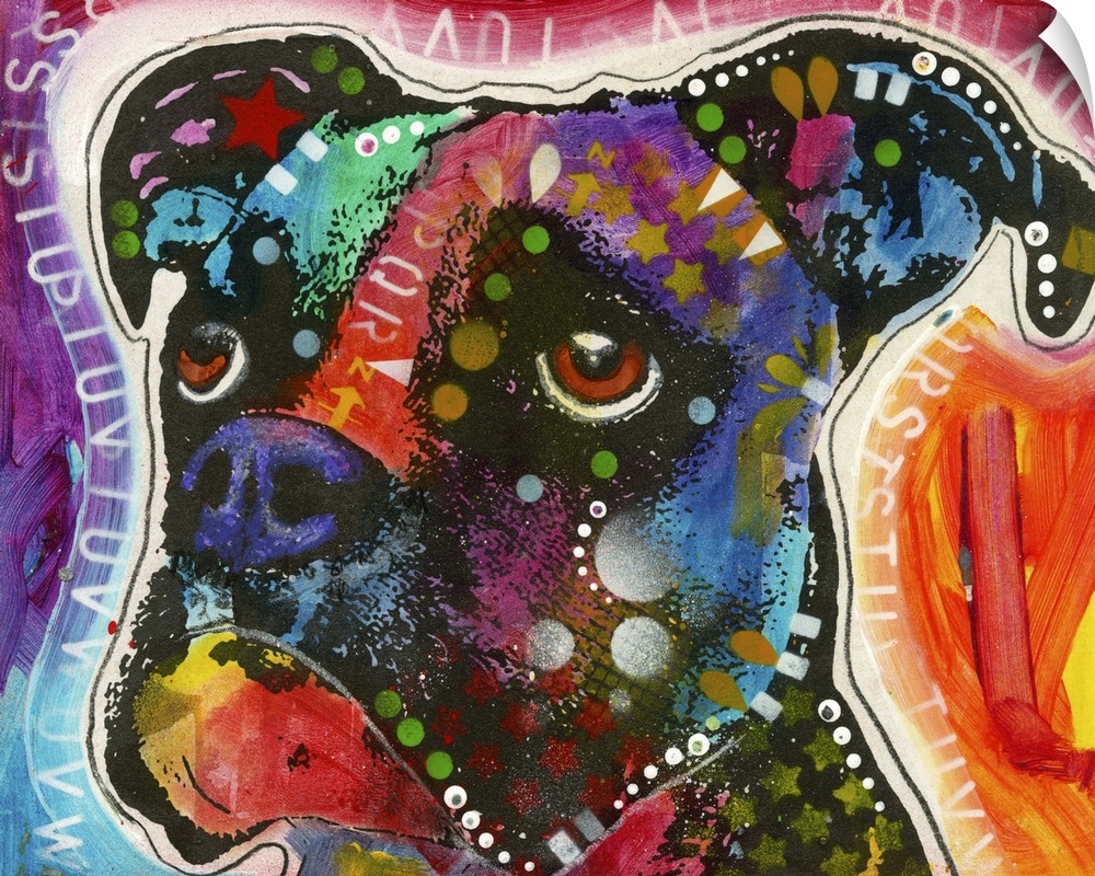 Colorful painting of a dog with graffiti-like designs all over and the alphabet in white outlining the dog.