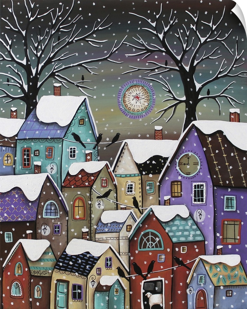 Contemporary painting of a village made of different colored houses in the snow.