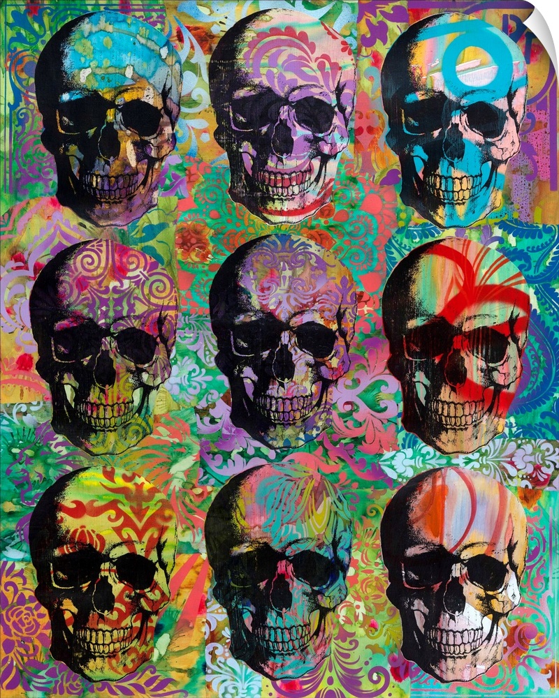 9 skulls in three rows with colorful abstract designs all over.
