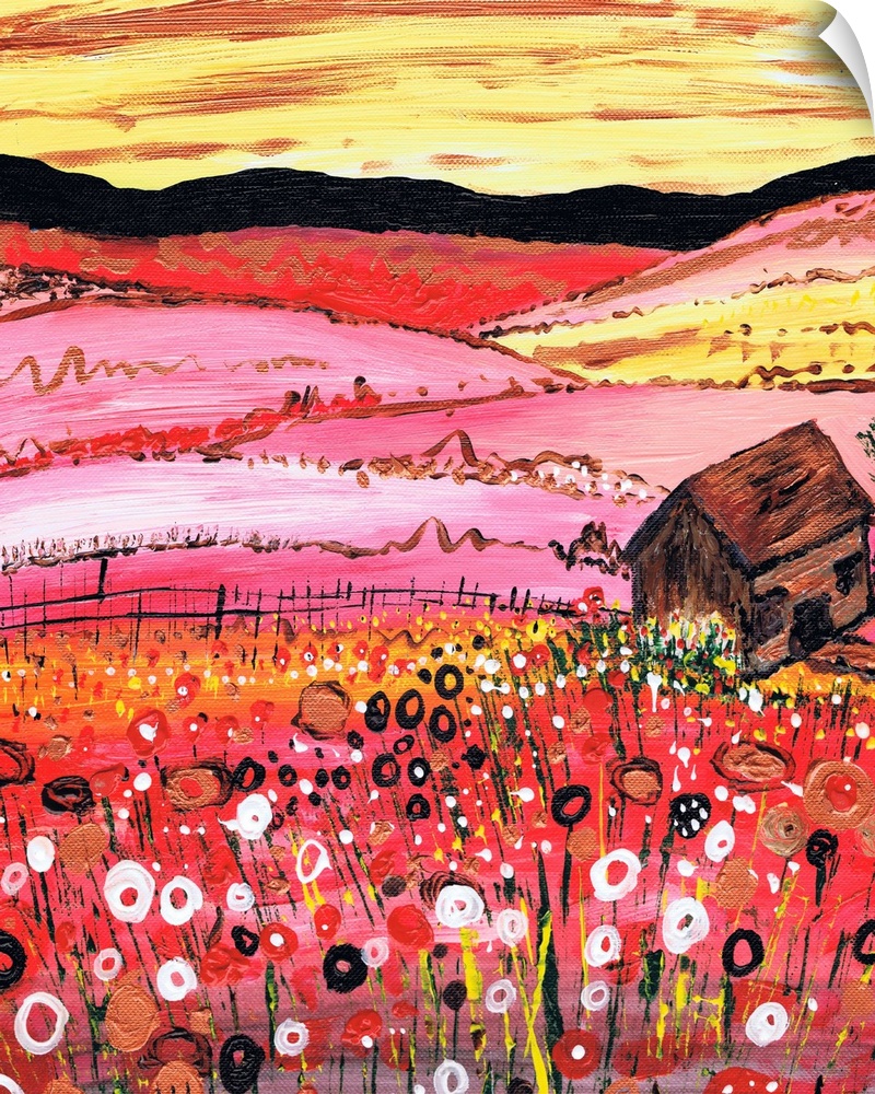 A painting of a red field of flowers with a cottage in the foreground.