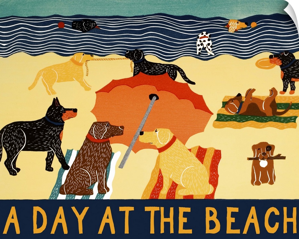 Illustration of different breeds of dogs on the beach with the phrase "A Day At The Beach" written on the bottom in yellow.