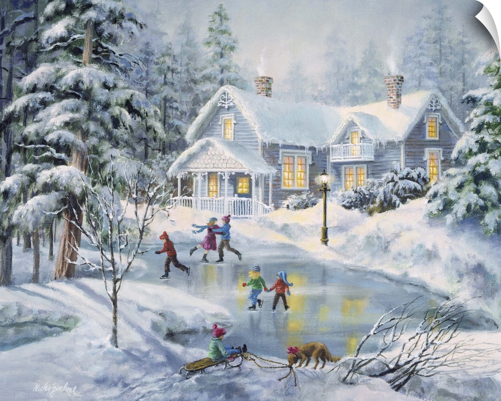 Contemporary artwork of children skating on a frozen pond in front of a house after a snowfall.