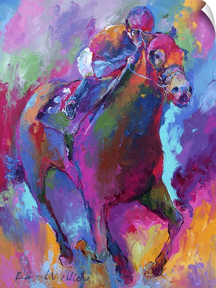 Contemporary vibrant colorful painting of a jockey on horseback.
