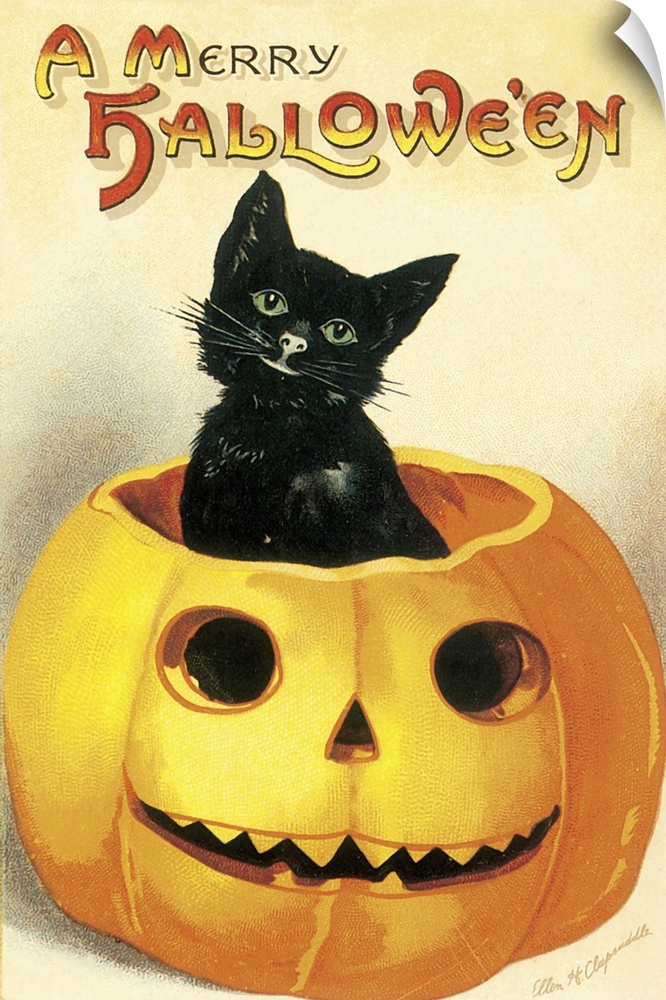 A vintage illustration of a black kitten poking its head out from a smiling jack-o-lantern.